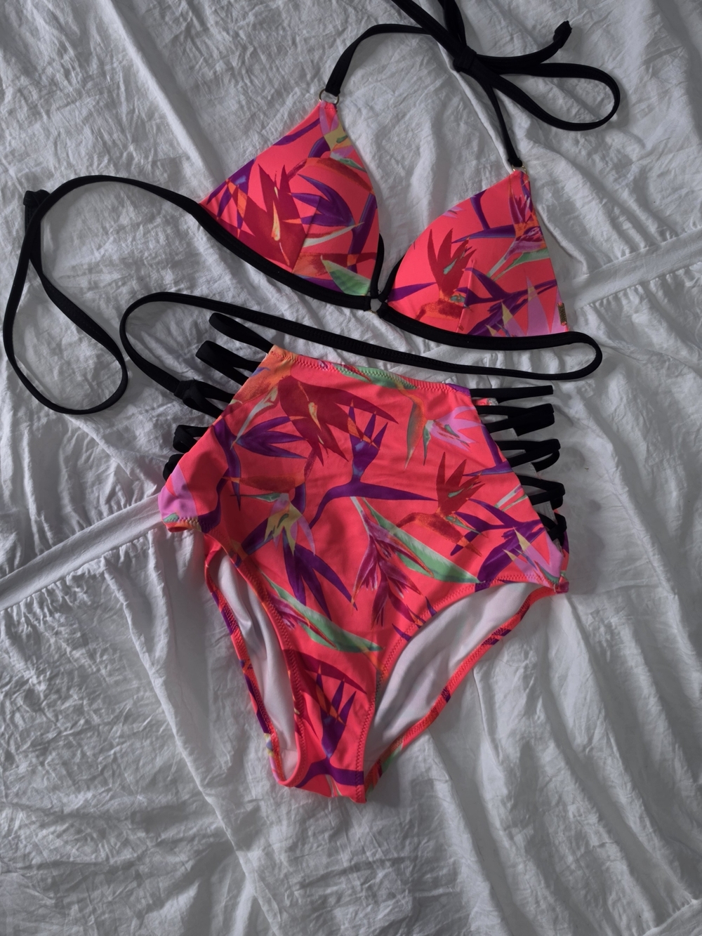 Victoria's Secret Vibrant Pink Tropical High-Waist Strappy Bikini w Black Straps